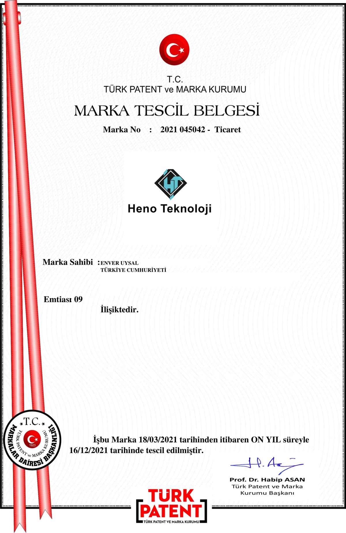 Heno Teknoloji Marka Tescil Belgesi