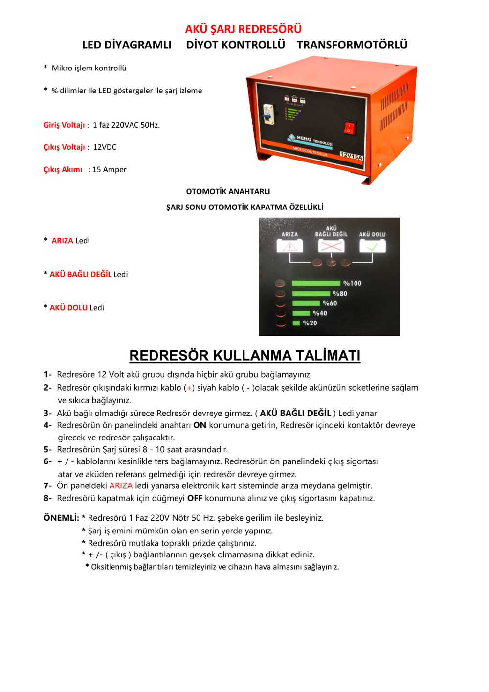 12V Akü Şarj Redresörü Teknik Verisi