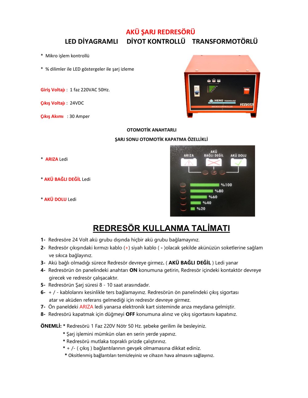 24V Akü Şarj Redresörü Teknik Verisi