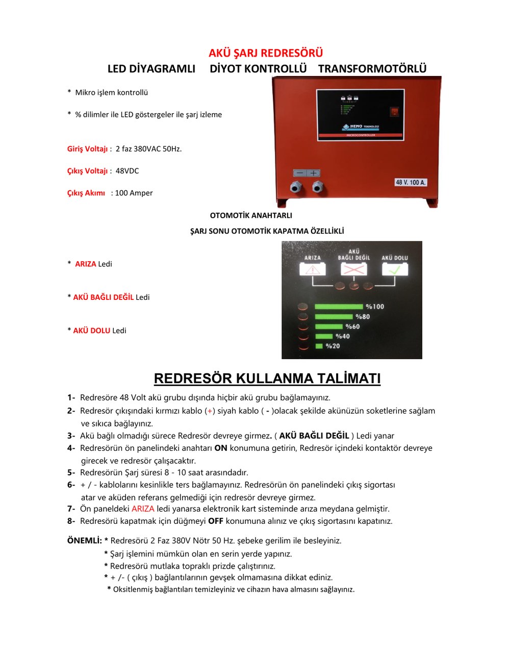 48V Akü Şarj Redresörü Teknik Verisi