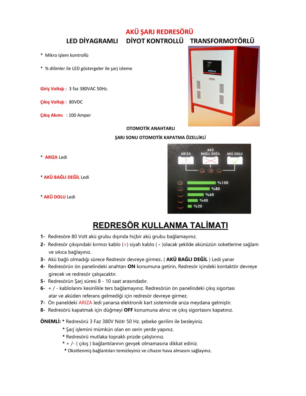 80V Akü Şarj Redresörü Teknik Verisi